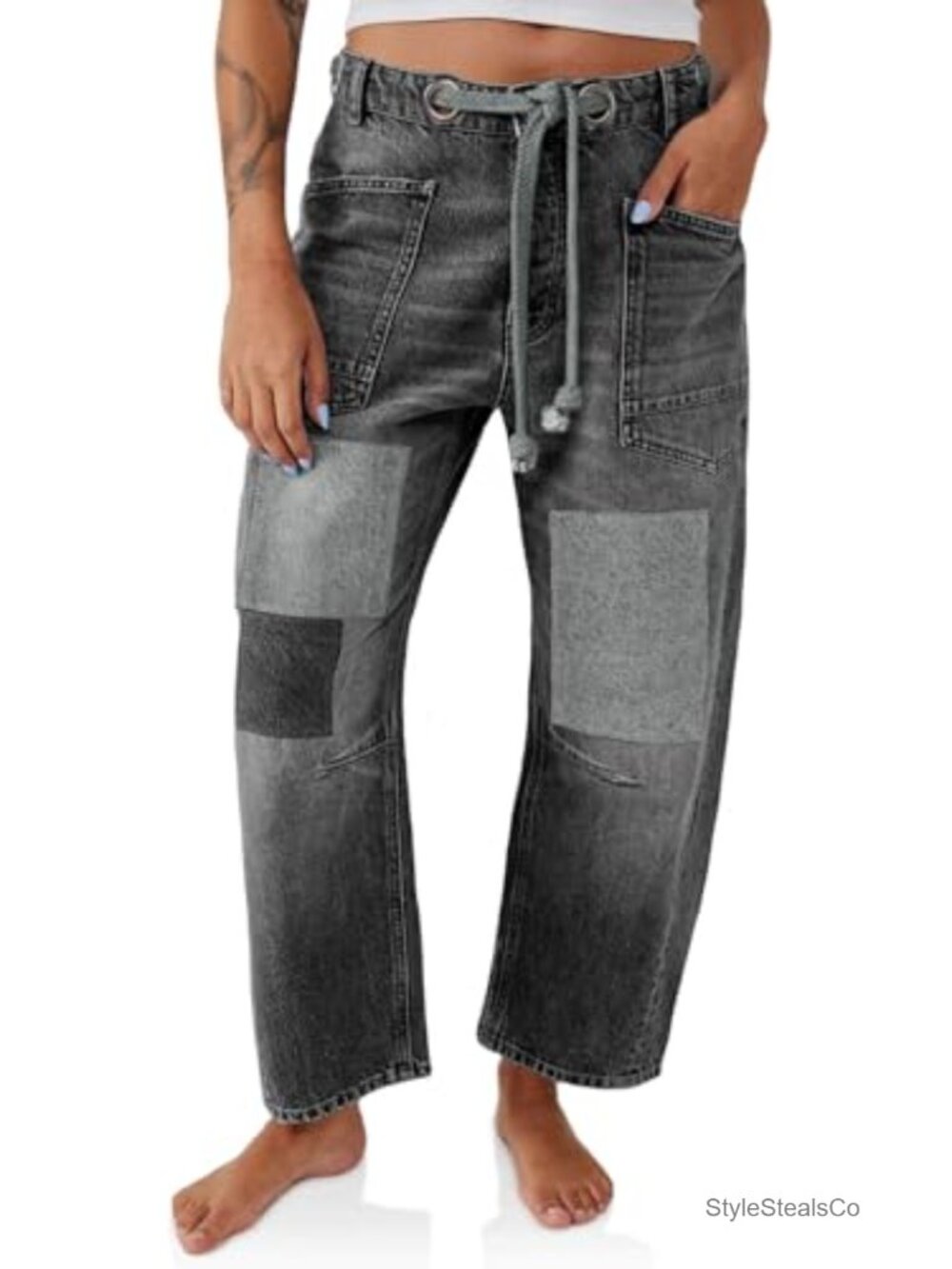 Barrel Horseshoe Wide Leg Patchwork Low Rise Denim Jeans with Pockets